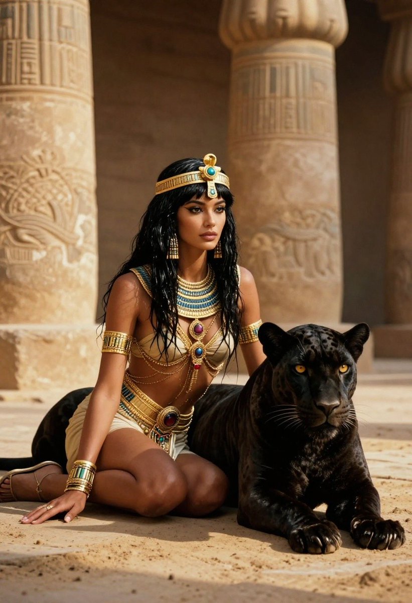 Ancient Egyptian Queen with Black Panther Qwen Image prompt example: A photorealistic fantasy portrait of an Egyptian-inspired royal woman posed beside a black panther, ideal for...