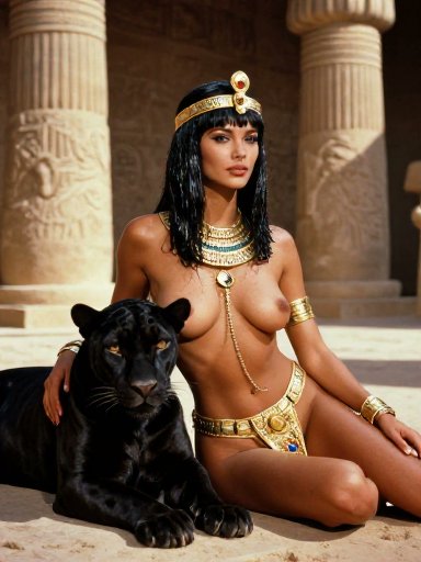 Ancient Egyptian Queen with Black Panther Qwen Image prompt example variation 2: A photorealistic fantasy portrait of an Egyptian-inspired royal woman posed beside a black...