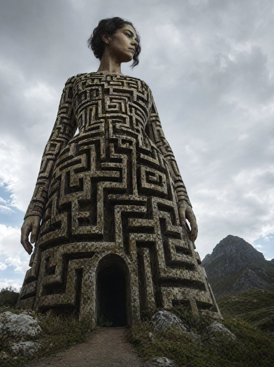 Colossal Labyrinth Woman Monument GPT Image 2 prompt example: A cinematic surreal prompt for generating a towering maze-covered female statue with a doorway in its base, ideal...