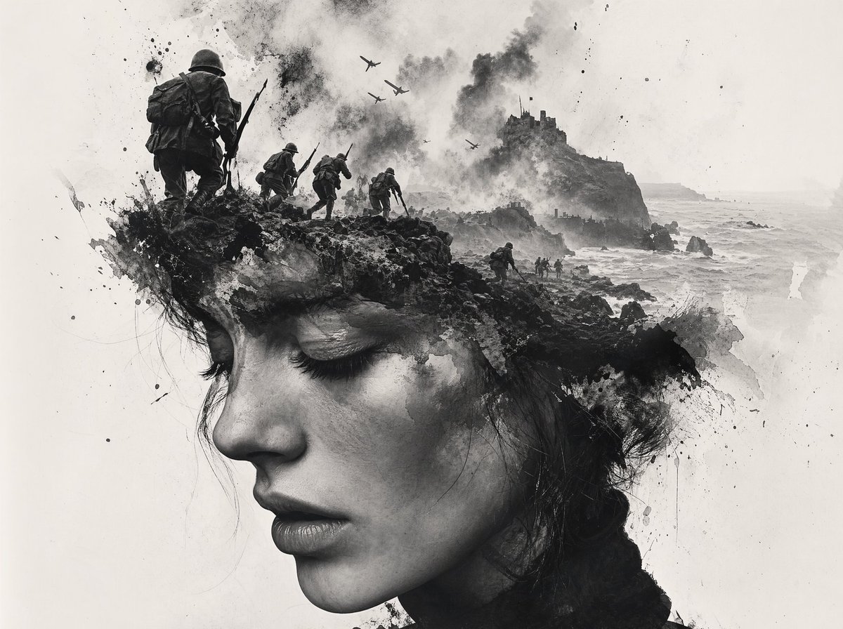 Black-and-White Wartime Ink Scene Qwen Image 프롬프트 예시: A moody monochrome battlefield concept image showing soldiers, planes, smoke, and a rocky coastal fortress, ideal for...