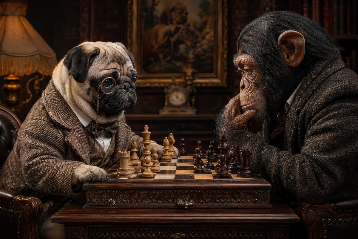 Victorian Animal Chess Match GPT Image 2 prompt example: A photorealistic, humorous yet elegant portrait of a suited pug and chimpanzee playing chess in a richly lit vintage...