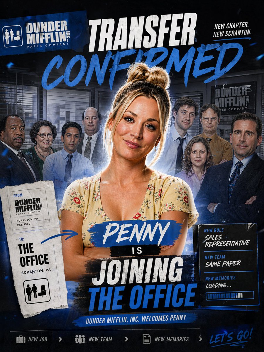 Office Transfer Announcement Poster Qwen Image prompt example: A bold TV-style ensemble poster announcing a new character joining an office team, ideal for fan edits, parody...