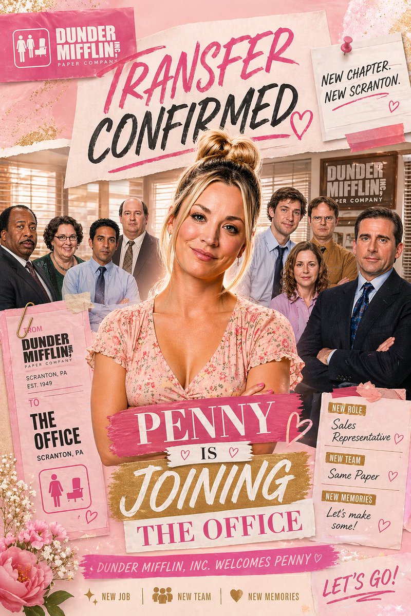 Pink Office Transfer Announcement Poster Qwen Image 프롬프트 예시: A scrapbook-style pink workplace announcement poster featuring a central female employee and her office team, ideal...