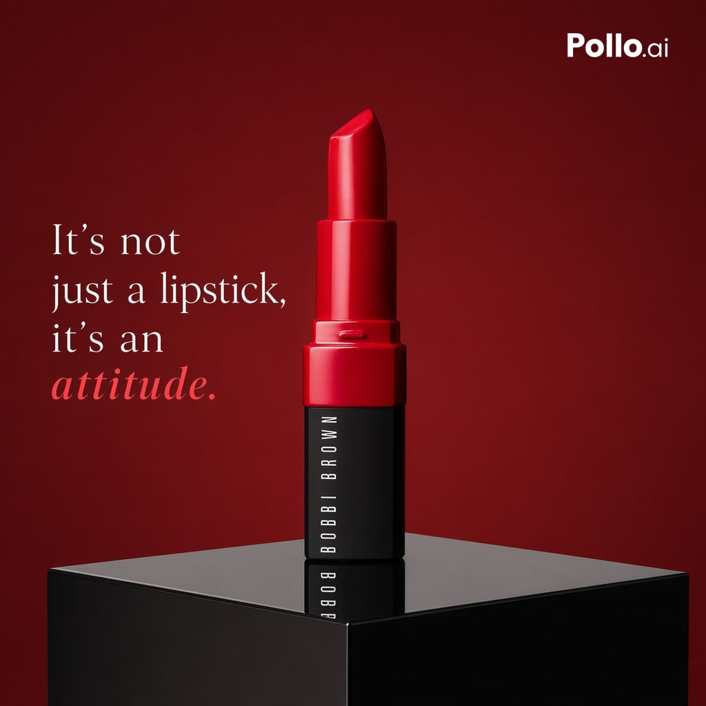 Luxury Red Lipstick Ad Poster Qwen Image 프롬프트 예시: A sleek high-end beauty advertisement showing a single lipstick on a reflective pedestal with elegant copy, ideal for cosmetic...