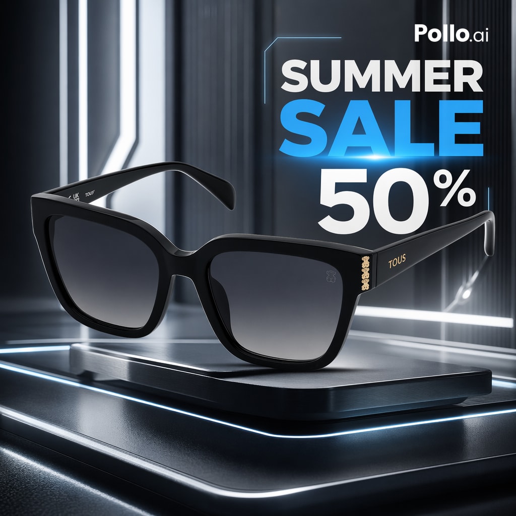 Luxury Sunglasses Summer Sale Ad Qwen Image prompt example: A futuristic ecommerce promo image for designer sunglasses, ideal for retail ads, storefront banners, and seasonal...