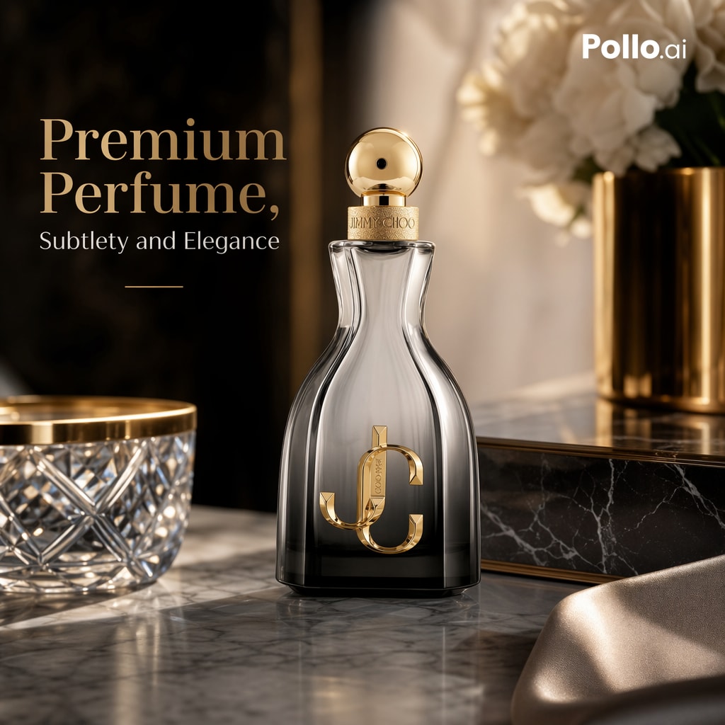 Luxury Perfume Ad on Marble Vanity Qwen Image prompt example: This prompt generates a polished luxury perfume advertisement image for e-commerce, beauty branding, and premium...