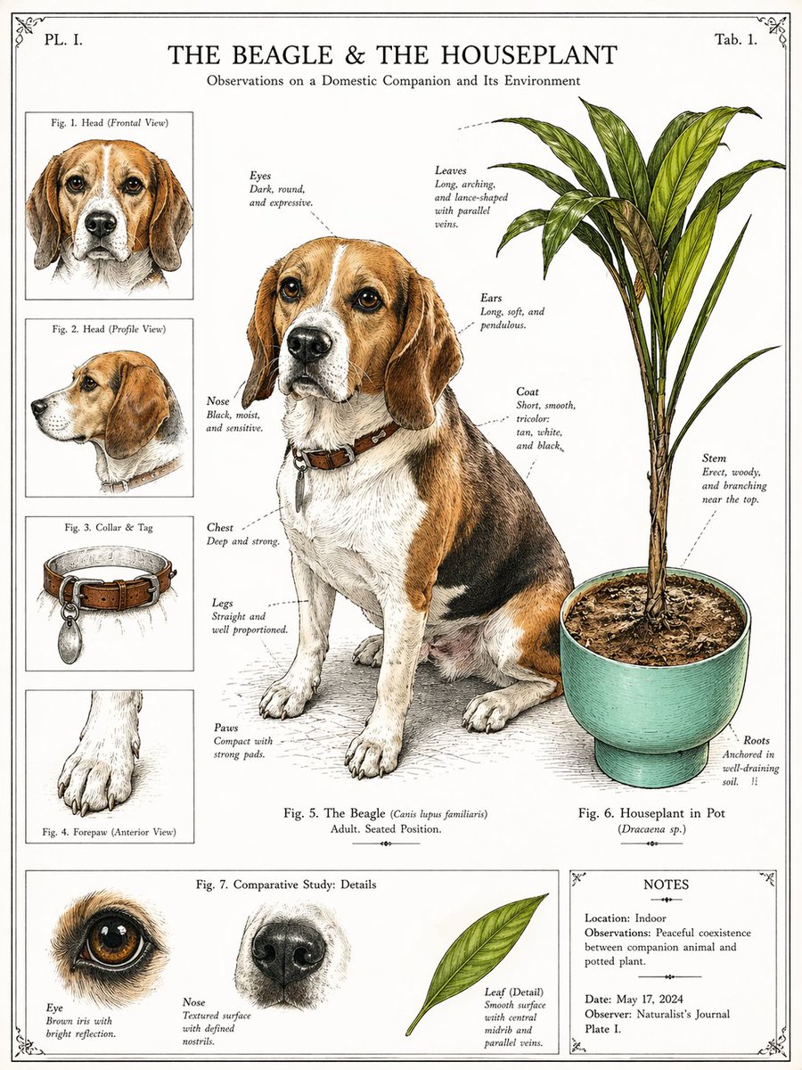 Vintage Beagle Botanical Plate 的 Qwen Image 提示词示例图:This prompt turns a pet photo with a houseplant into an antique natural-history infographic plate, useful for decorative...
