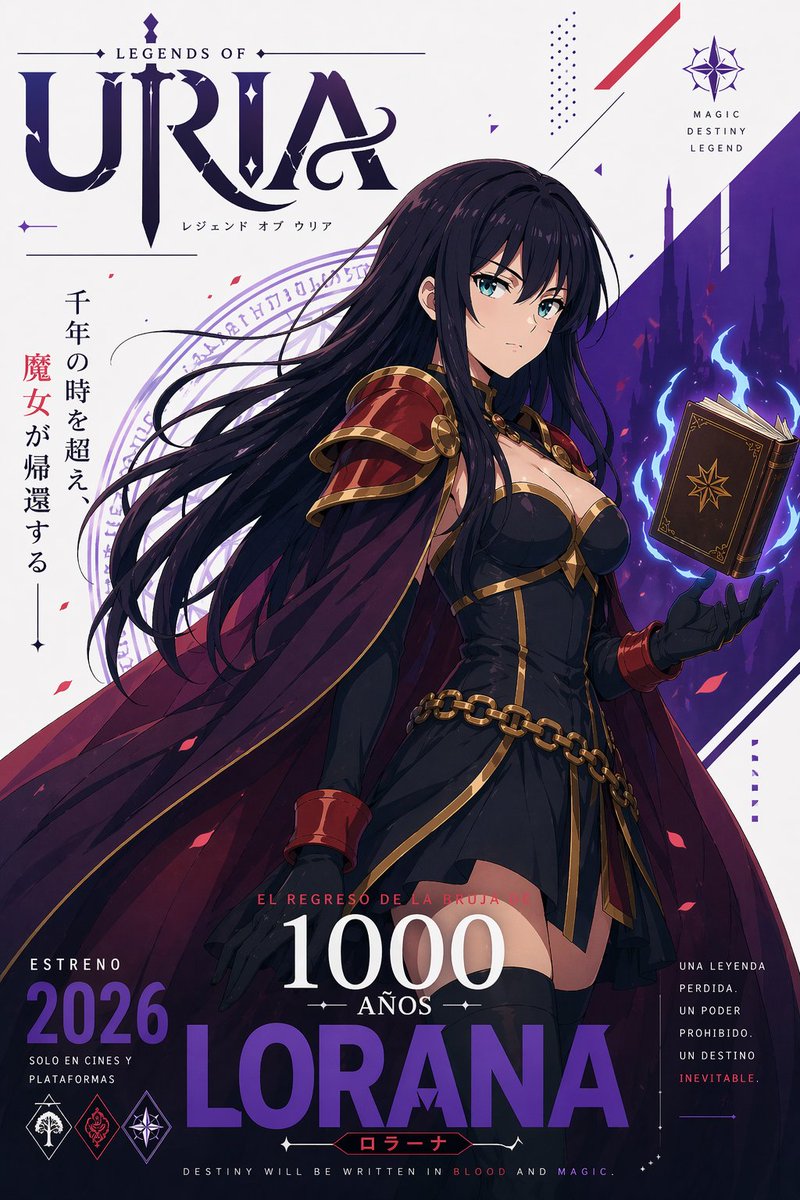 Fantasy Anime Witch Movie Poster Qwen Image 프롬프트 예시: A cinematic vertical anime poster of a dark sorceress with a floating spellbook, designed for fantasy franchise promotions,...