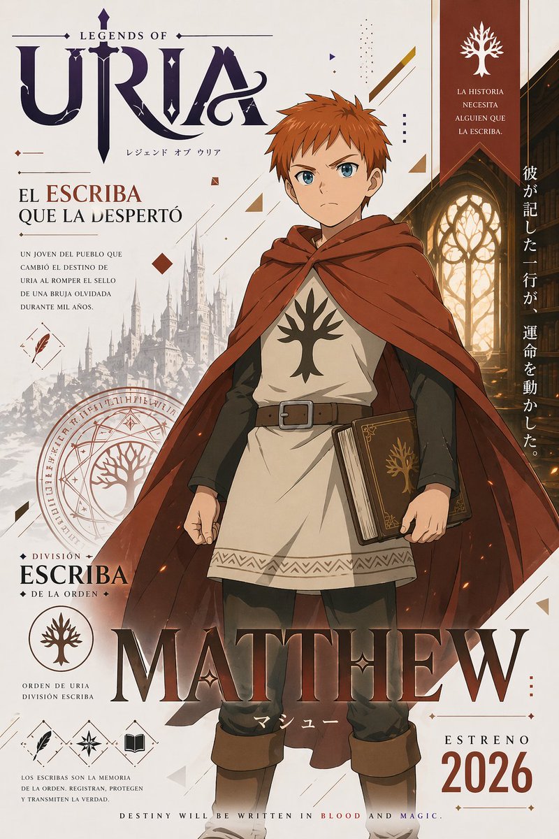 Fantasy Anime Character Poster 的 GPT Image 2 提示词示例图：A cinematic fantasy anime poster featuring a heroic young scribe, ornate typography, lore text, and release branding for a...