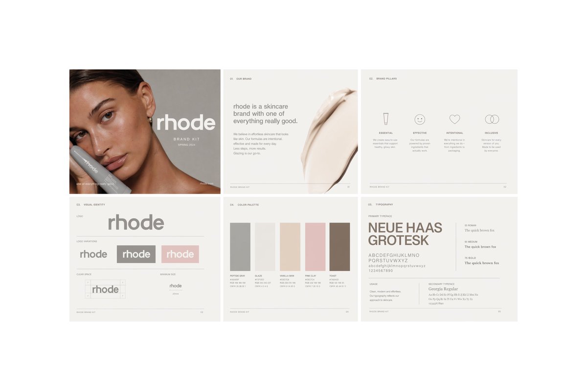 Minimal Skincare Brand Kit Board GPT Image 2 prompt example: A clean editorial brand-guidelines board for a premium skincare label, useful for generating minimalist identity...