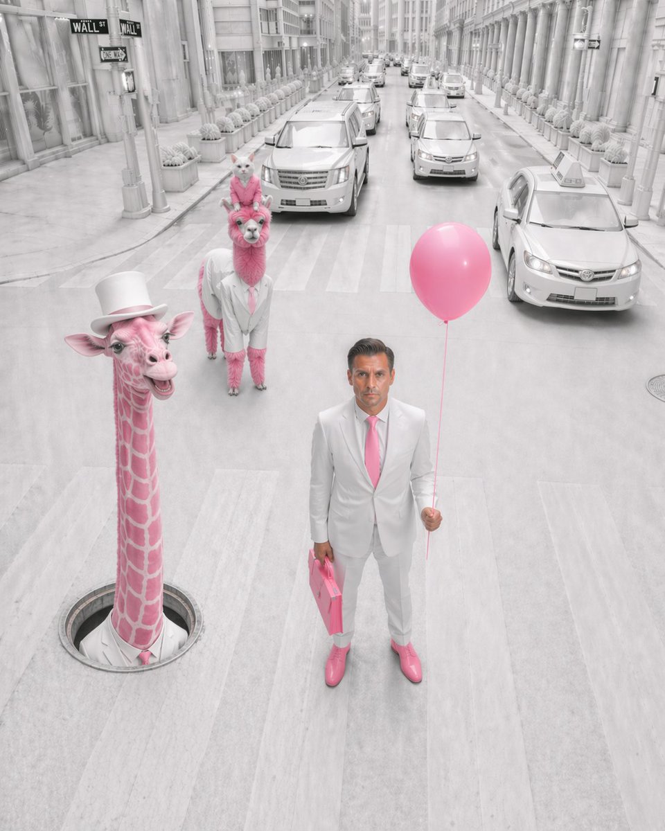 Pink Surreal Wall Street Fashion Scene Qwen Image prompt example: A whimsical surreal editorial image of a suited figure on a pale Wall Street-like street with pink animal...