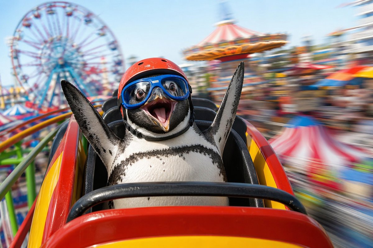Penguin Roller Coaster Ride のQwen Imageプロンプト例: A whimsical photoreal action image of a helmeted penguin on a roller coaster, ideal for viral social posts, meme-style visuals, or...