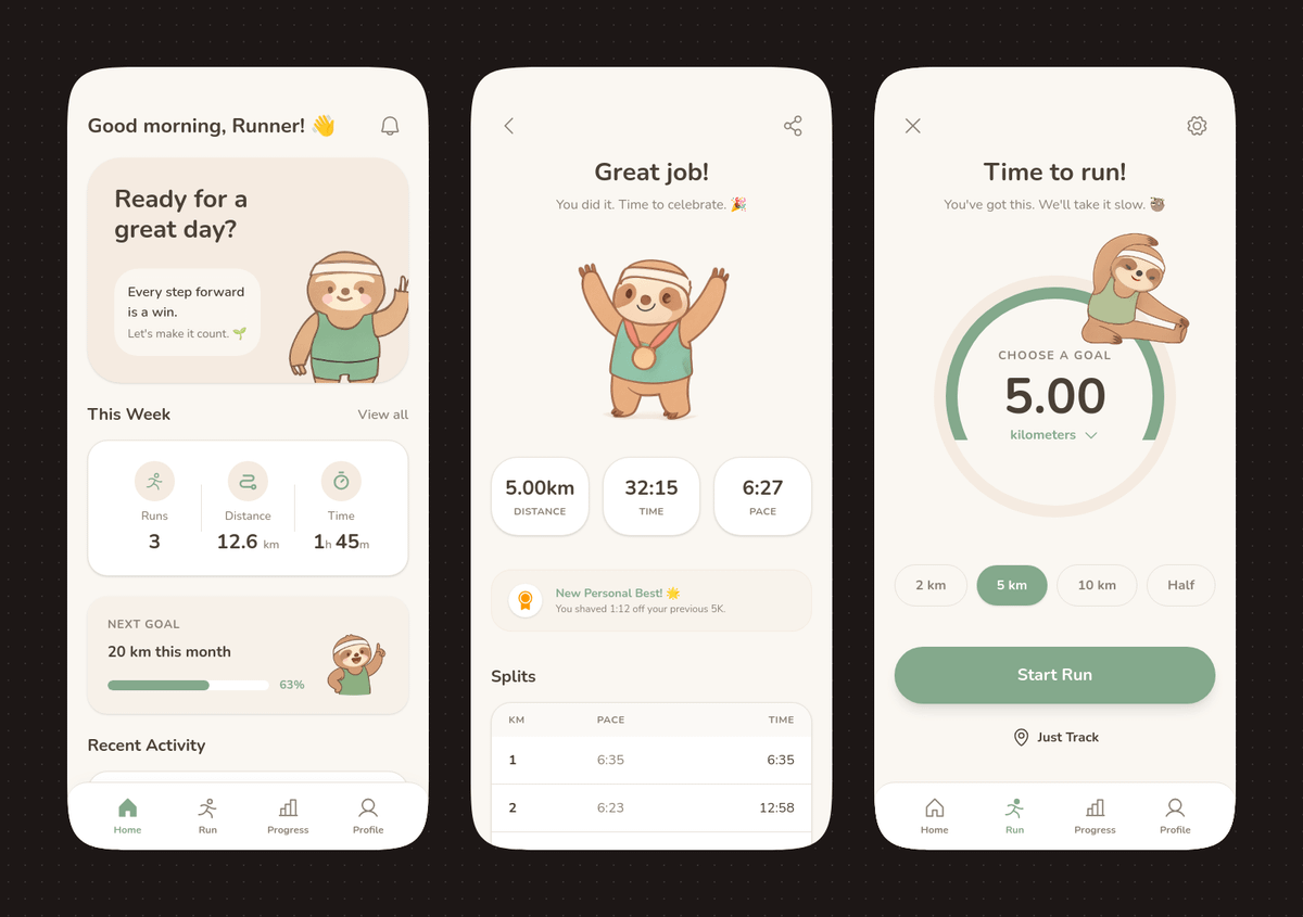 Pastel Running App UI with Sloth Mascot 的 Qwen Image 提示词示例图:This prompt generates a polished three-screen mobile running app concept with soft pastel styling and a cute sloth...