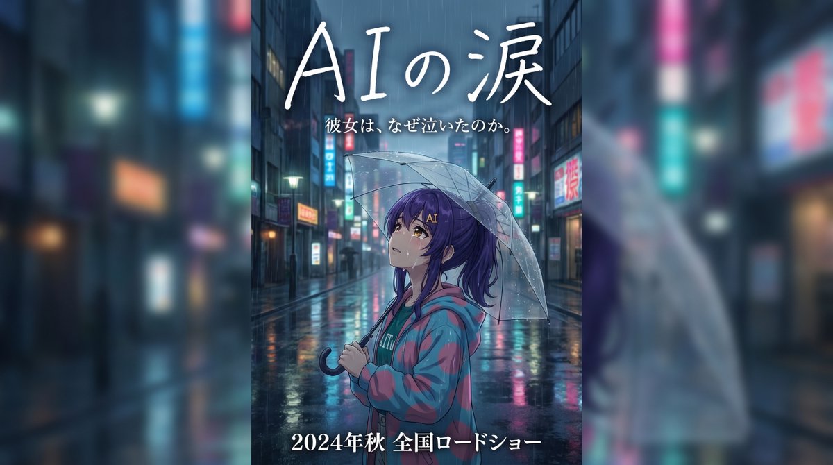 Rainy Japanese Movie Banner Qwen Image 프롬프트 예시: A vertical anime-style film banner showing a lone girl with an umbrella on a neon-lit rainy street, ideal for emotional Japanese...