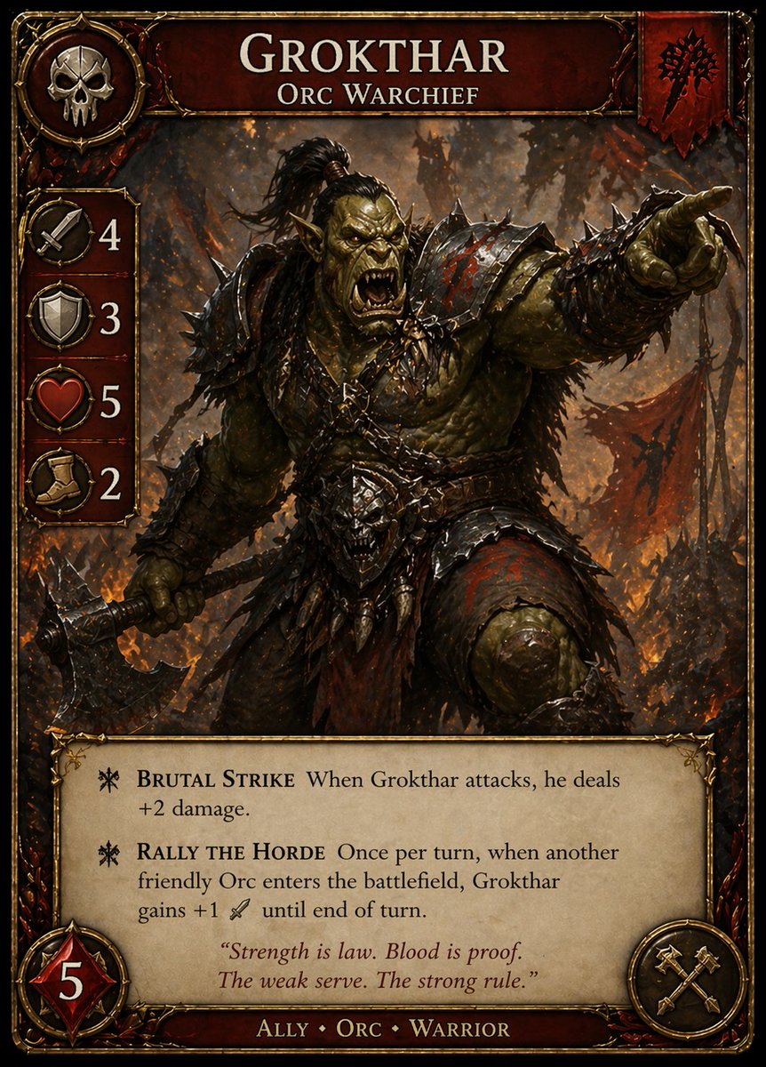 Dark Fantasy Orc Warchief TCG Card Qwen Image 프롬프트 예시: A richly detailed custom fantasy trading card featuring an orc war chief, suitable for generating printable TCG card...