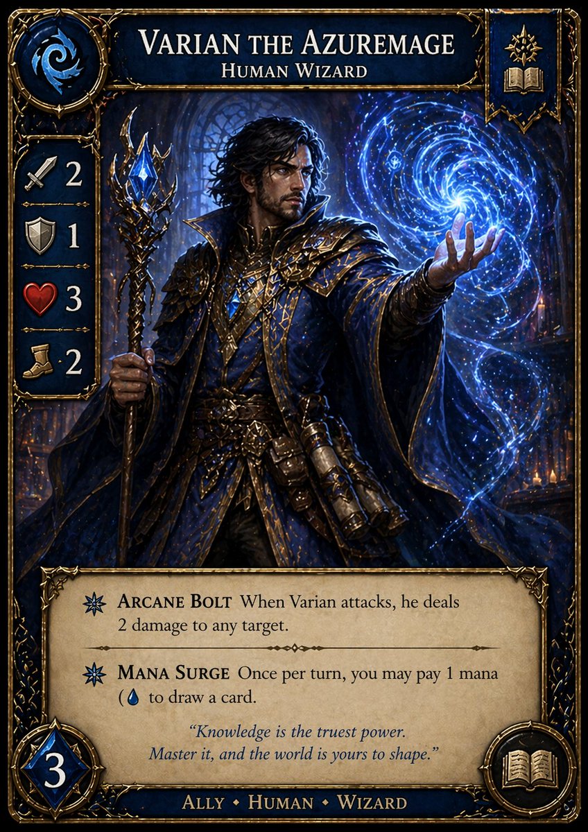 Fantasy Wizard Trading Card GPT Image 2 prompt example: This prompt generates a polished collectible fantasy trading card for a human wizard character, suitable for custom card...