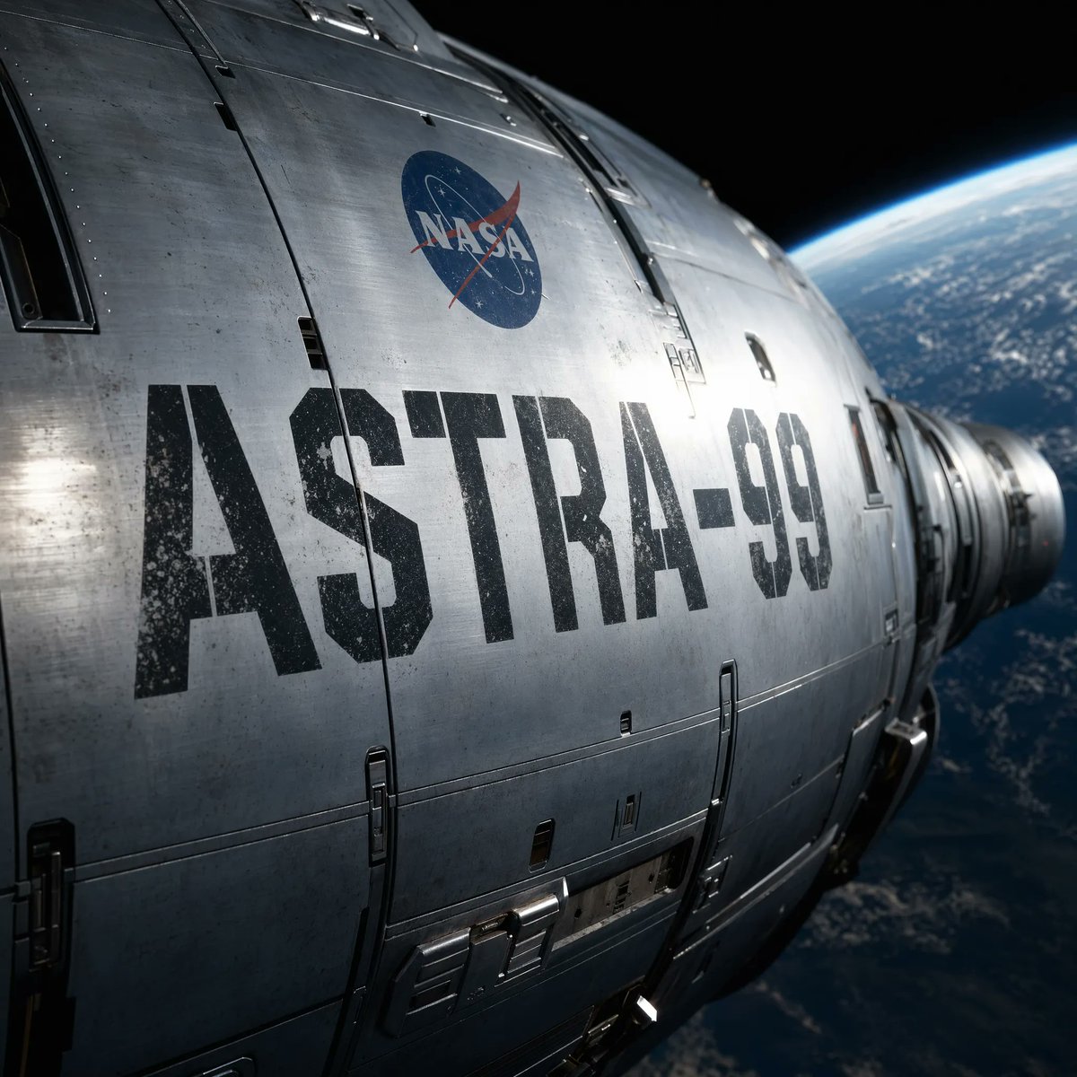 NASA Spacecraft Hull in Orbit GPT Image 2 prompt example: This prompt generates a photorealistic cinematic close-up of a NASA spacecraft with bold mission markings orbiting above...