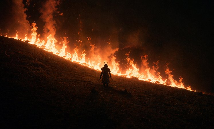Samurai Before a Hillside Fire 的 Qwen Image 提示词示例图:A dramatic cinematic prompt for generating a lone samurai silhouetted against a diagonal line of wildfire on a dark hillside at...