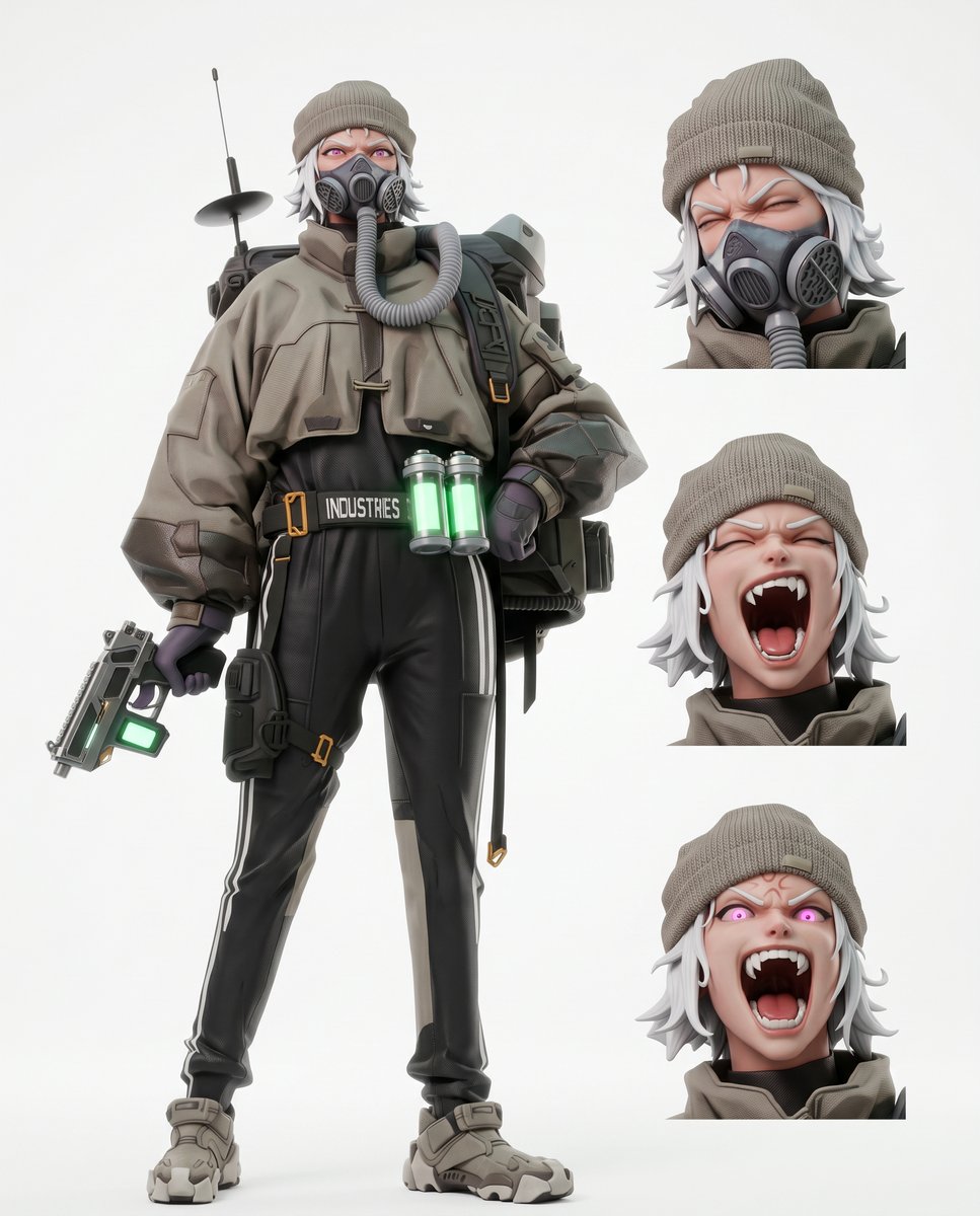 Futuristic Tactical Character Sheet Qwen Image prompt example: A polished character reference sheet showing a full-body sci-fi streetwear operative with three head close-ups,...
