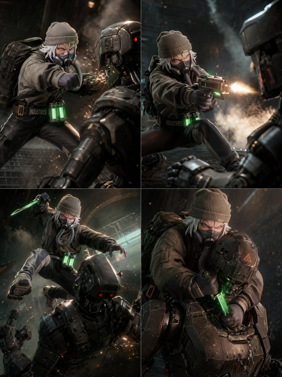 2x2 Sci-Fi Combat Action Grid Qwen Image 프롬프트 예시: A four-panel cinematic sci-fi action collage showing a masked tactical fighter battling armored robots, ideal for testing...