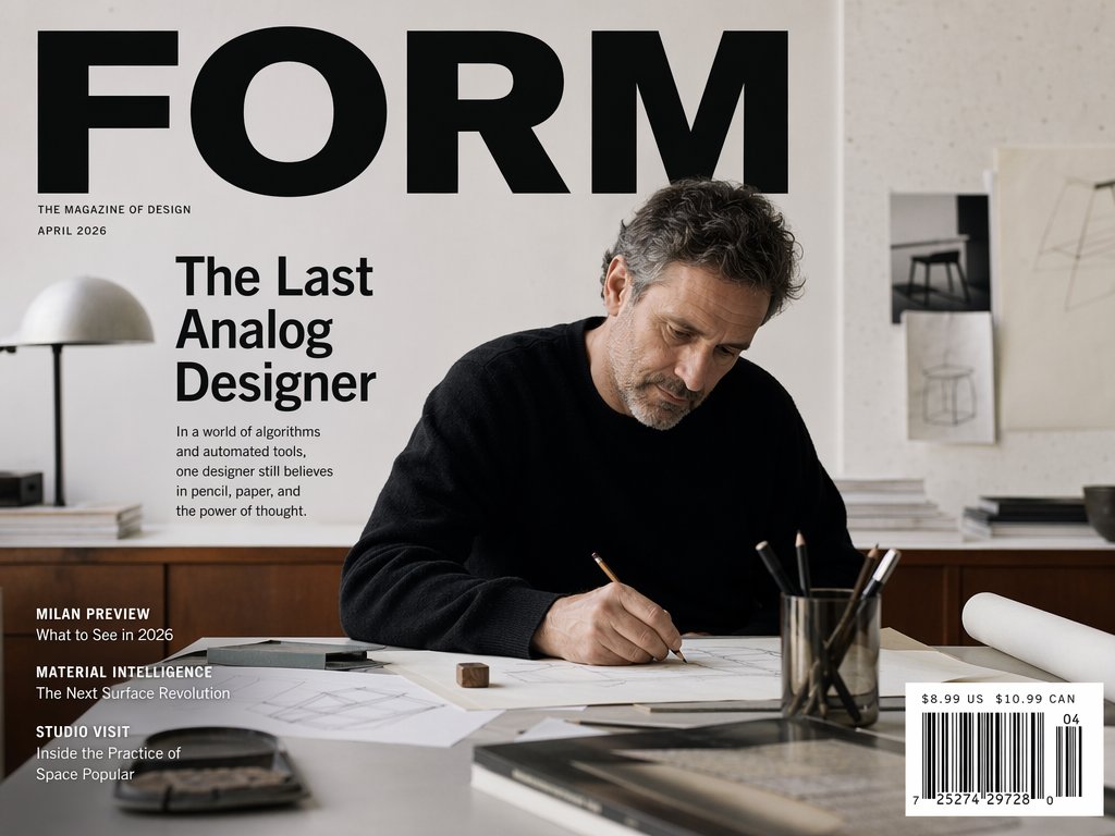 Fictional Design Magazine Cover 的 Qwen Image 提示词示例图:This prompt generates a realistic editorial magazine cover featuring an anonymous designer in a minimalist studio, ideal for...