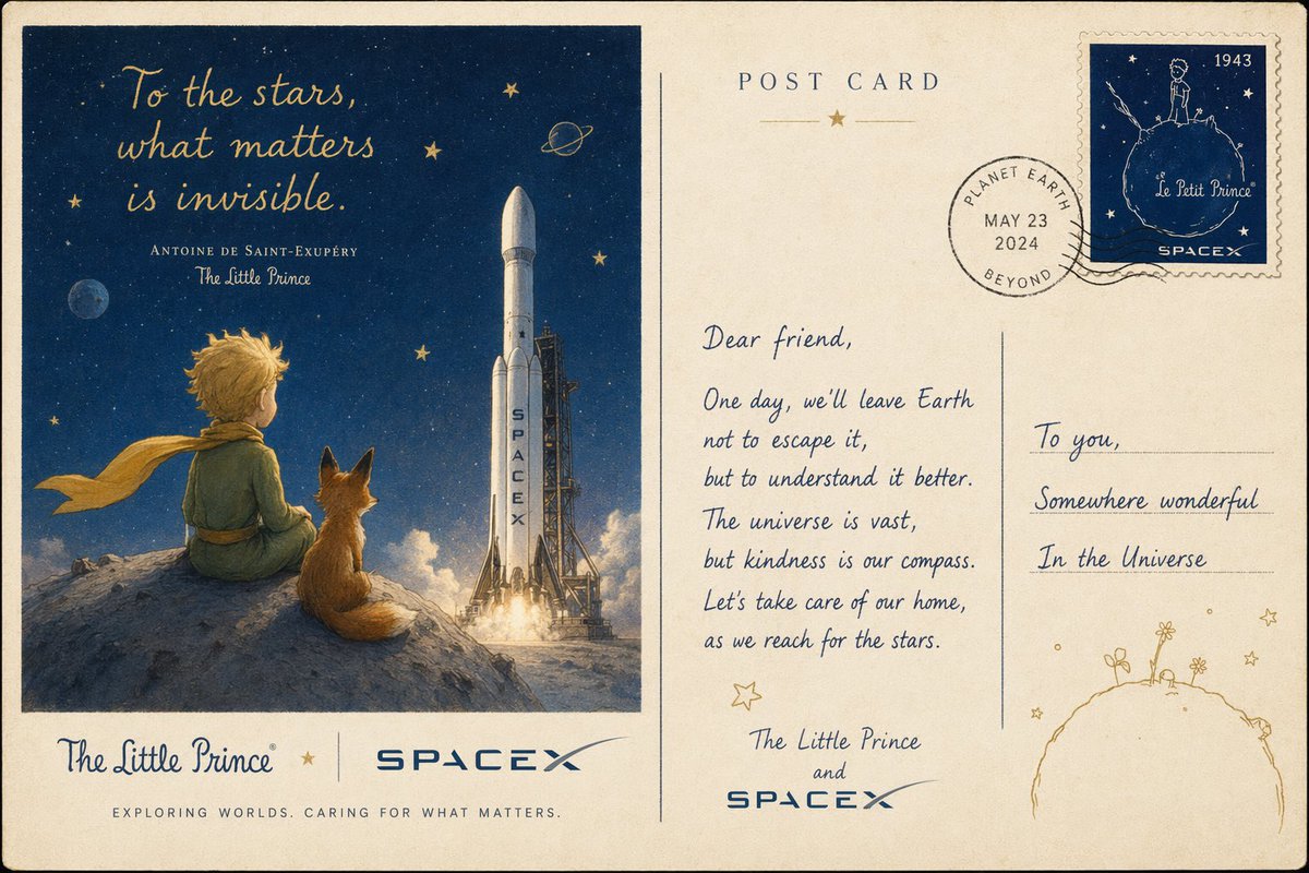 Vintage Little Prince Space Postcard Qwen Image 프롬프트 예시: A nostalgic illustrated postcard layout combining The Little Prince and a modern rocket launch, ideal for editorial art,...