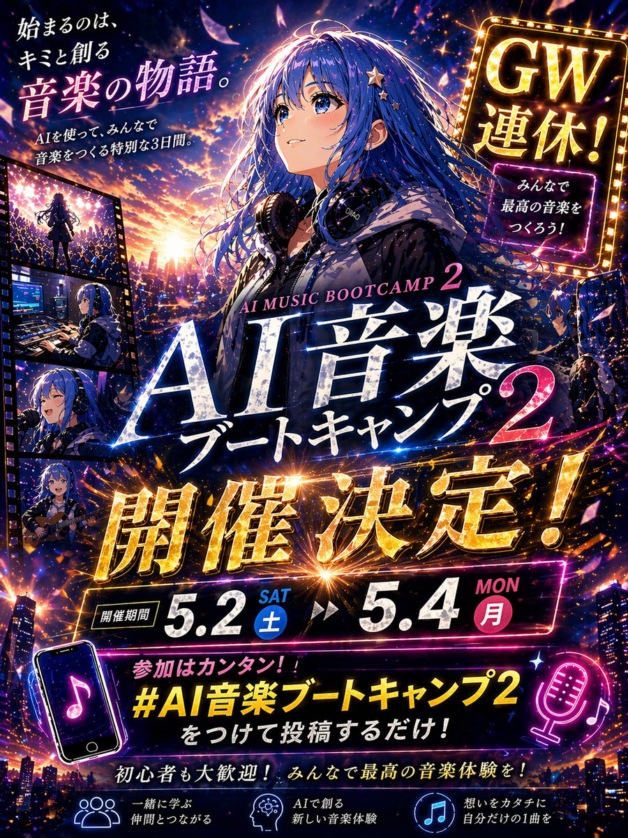 Anime Music Bootcamp Promo Poster のQwen Imageプロンプト例: A flashy Japanese anime event thumbnail poster for promoting a music bootcamp on social media, with bold readable text, neon...