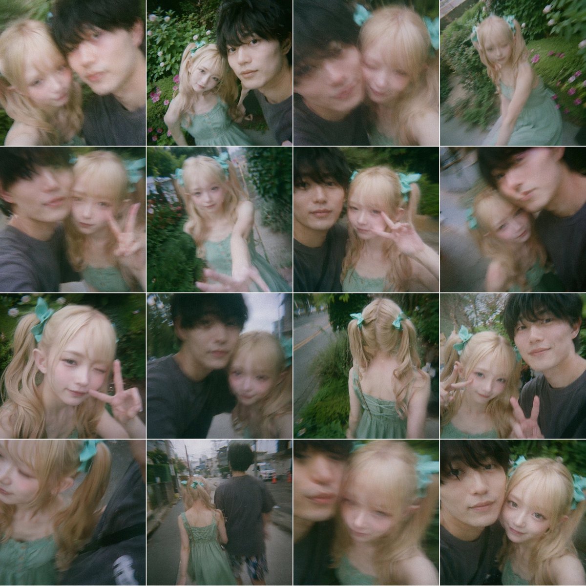 Dreamy 16-Photo Couple Walk Collage Qwen Image prompt example: This prompt generates a nostalgic grid collage of candid blurred-face couple snapshots, ideal for...