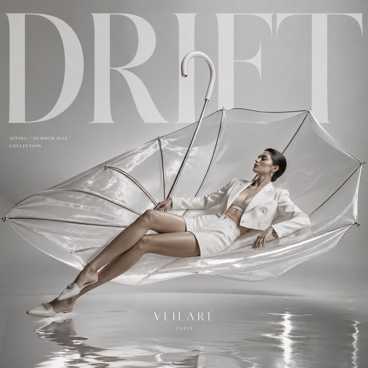 High-Fashion Editorial Advertisement Qwen Image prompt example: A sophisticated fashion editorial prompt featuring surreal elements like floating umbrellas and bold typography in...