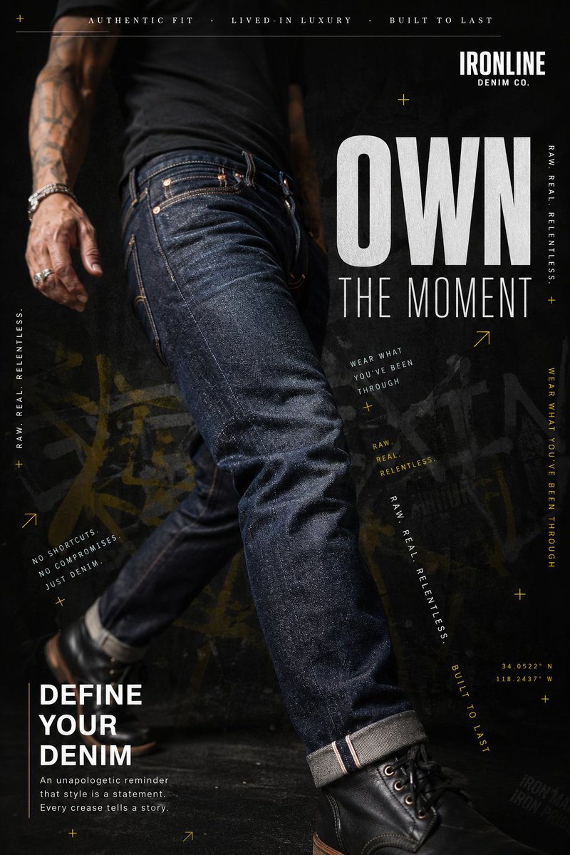 Premium Denim Editorial Advertisement Qwen Image prompt example: A complex hyperrealistic prompt for a denim ad, featuring detailed textures, urban backgrounds, and specific...