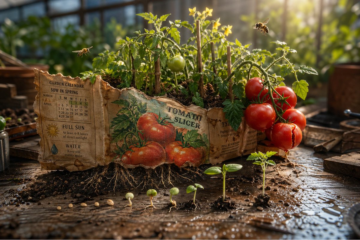 Magical Seed Packet Diorama のQwen Imageプロンプト例: A surreal and epic 3D scene prompt where a seed packet erupts into the garden it describes, featuring plants and insects.