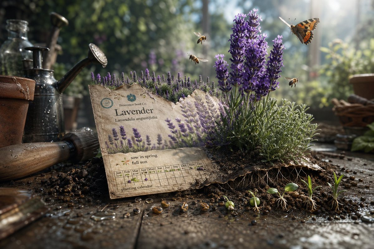 Magical Seed Packet Diorama のQwen Imageプロンプト例 バリエーション 2: A surreal and epic 3D scene prompt where a seed packet erupts into the garden it describes, featuring plants and insects.