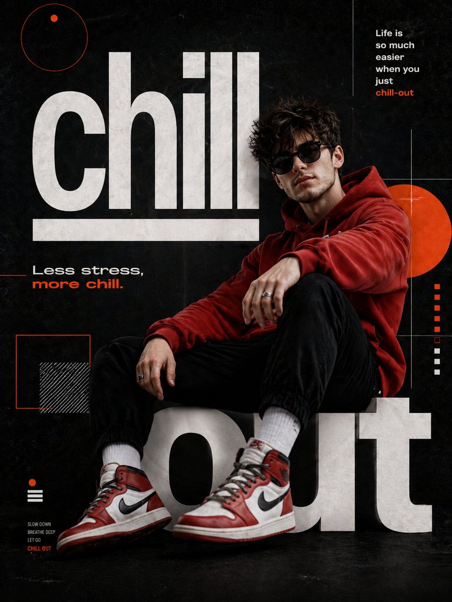 Chill-out Cinematic Poster Qwen Image 프롬프트 예시: A detailed prompt for creating a hyper-realistic 8K cinematic poster of a man in a relaxed pose, featuring specific typography and...