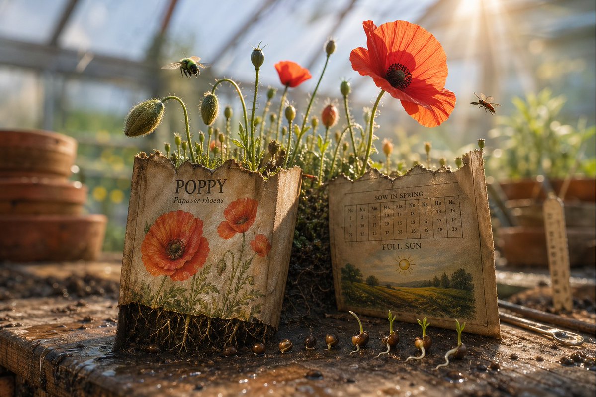 Magical Seed Packet Diorama のQwen Imageプロンプト例 バリエーション 3: A surreal and epic 3D scene prompt where a seed packet erupts into the garden it describes, featuring plants and insects.
