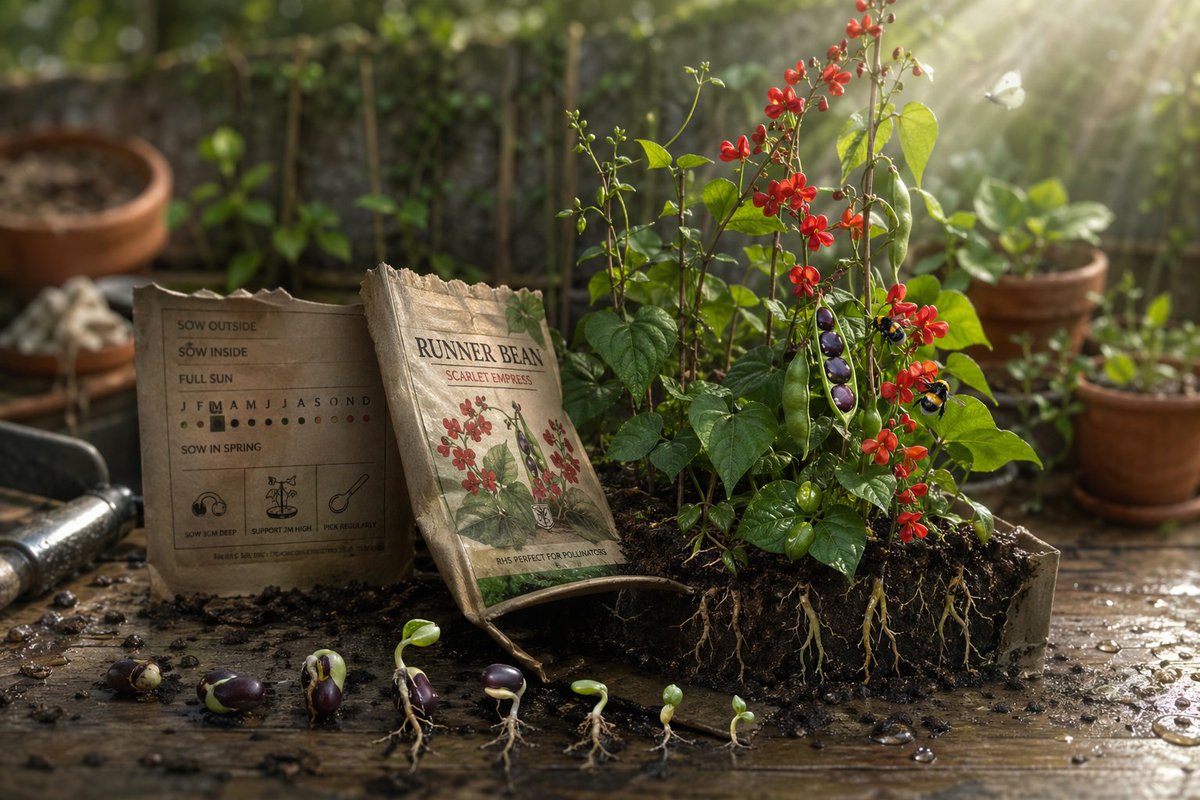 Magical Seed Packet Diorama のQwen Imageプロンプト例 バリエーション 4: A surreal and epic 3D scene prompt where a seed packet erupts into the garden it describes, featuring plants and insects.