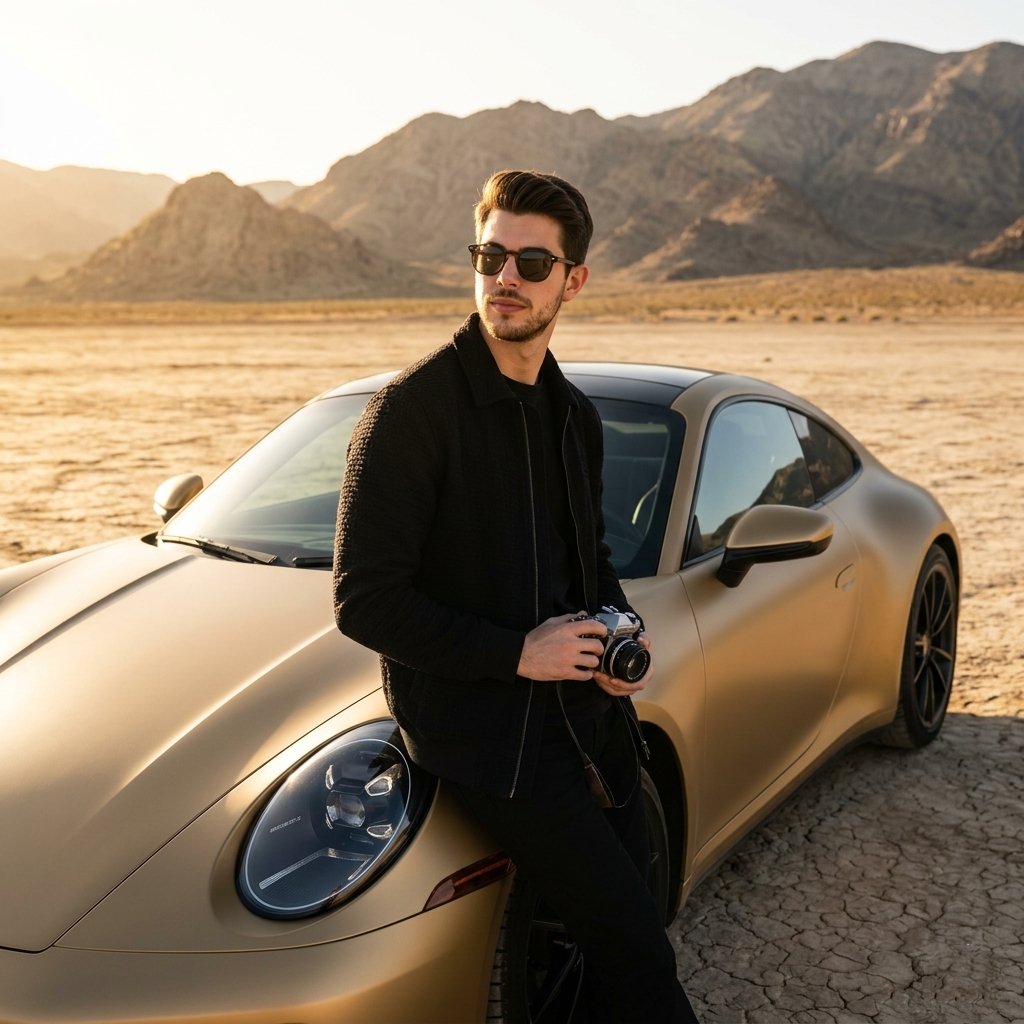 Luxury Car Golden Hour Shoot Qwen Image prompt example: A cinematic prompt for a man with a vintage camera standing next to a luxury sports car in a desert during sunset.