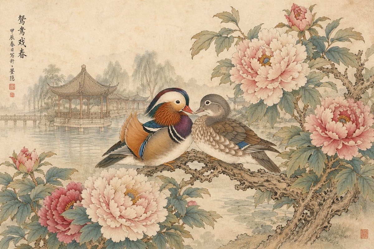 Traditional Chinese Ink Painting Style のQwen Imageプロンプト例: A prompt for generating traditional Chinese 'Gongbi' style artwork featuring mandarin ducks and peonies in a garden...
