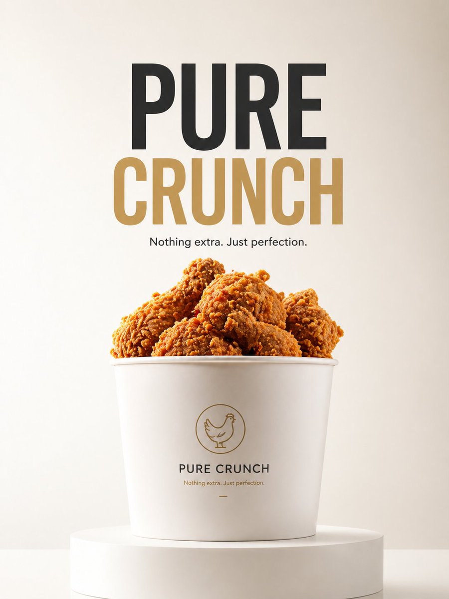 Minimalist Product Ad: PURE CRUNCH のQwen Imageプロンプト例: An Apple-style minimalist product advertisement prompt for a fried chicken bucket, focusing on clean lighting and simple...