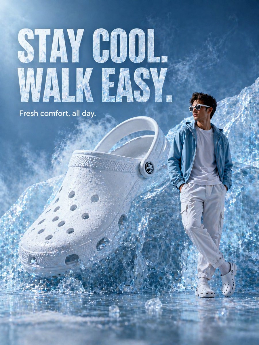 Surreal Giant Clog Advertisement 的 GPT Image 2 提示词示例图：A surreal fashion advertisement prompt featuring a massive white clog embedded in ice, complete with cooling mist and...