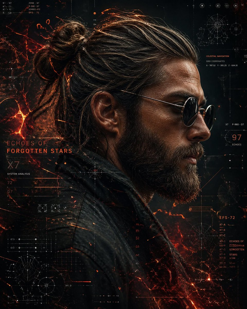 Cyberpunk Portrait with Sci-Fi Interface のQwen Imageプロンプト例: A cinematic side-profile portrait of a rugged man set against a high-tech sci-fi interface background with holographic...