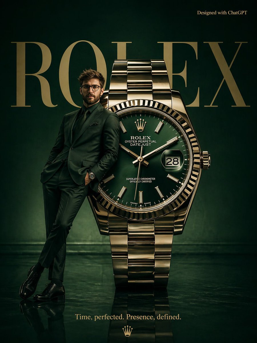 Surrealist Rolex Advertisement Poster GPT Image 2 prompt example: A moody, high-fashion surrealist poster for a luxury watch brand, featuring a massive watch monument in a...
