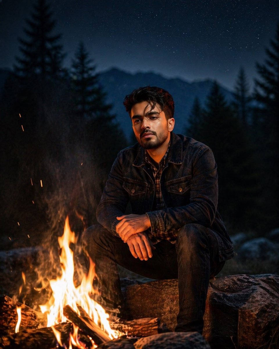 Cinematic Forest Campfire Portrait GPT Image 2 prompt example: An ultra-realistic cinematic portrait of a young man sitting by a campfire at night, focusing on emotional depth...
