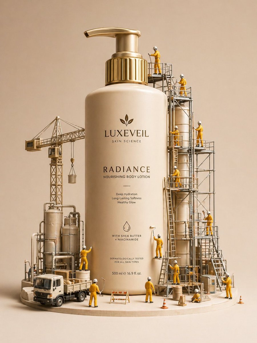 Miniature Diorama Skincare Advertisement Qwen Image 프롬프트 예시: A creative product advertisement featuring miniature construction workers 'building' a luxury skincare bottle in a...