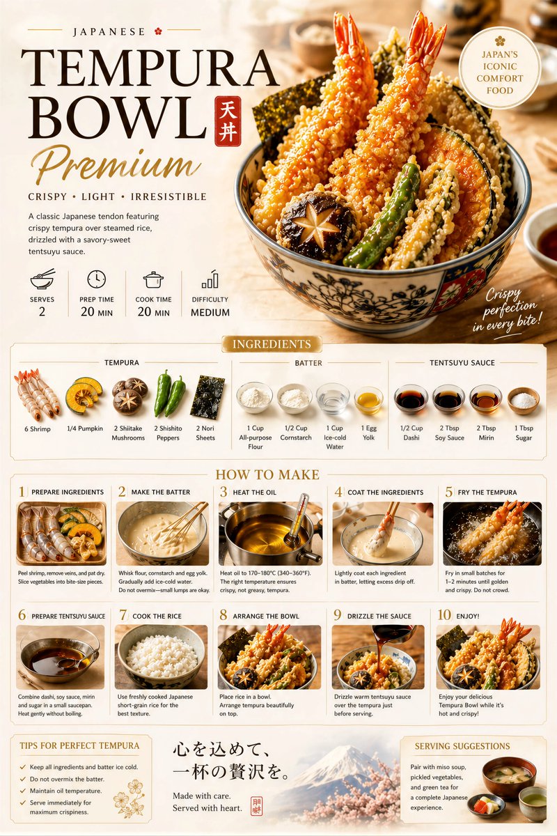 Premium Recipe Poster Template Qwen Image prompt example: A prompt for creating a professional food preparation poster with a hero dish, ingredients, and step-by-step layout.