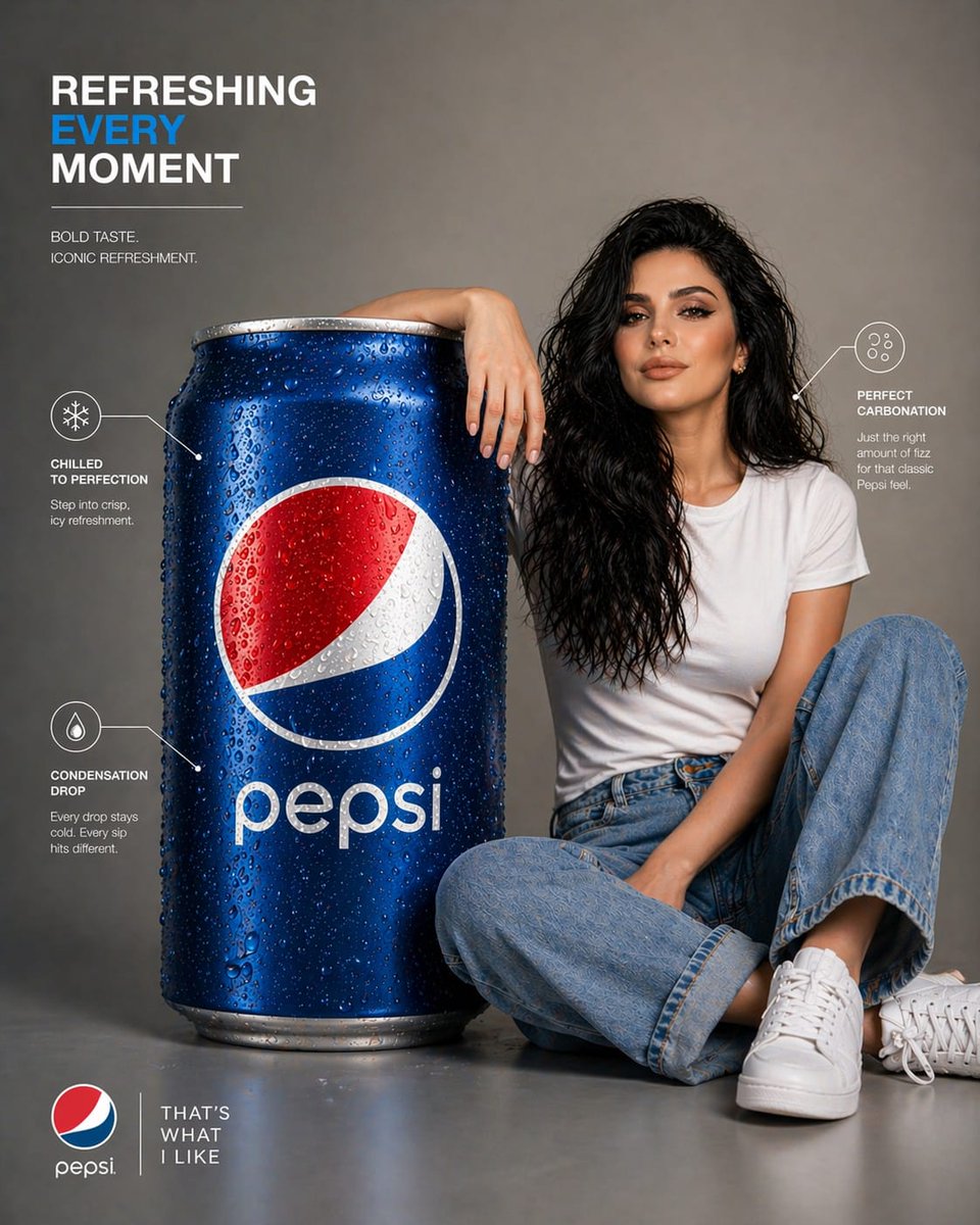 Pepsi Infographic Advertisement のQwen Imageプロンプト例: A premium commercial infographic featuring a giant Pepsi can beside a woman in a clean studio setting.