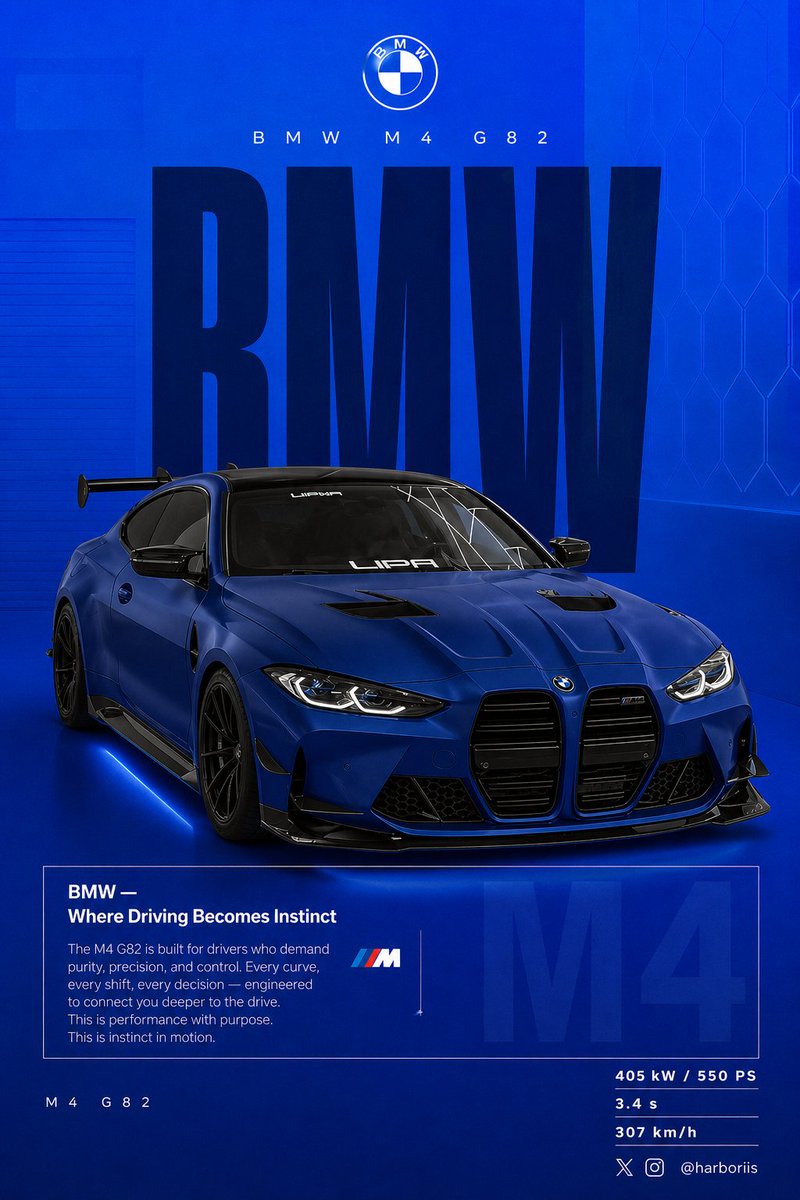BMW Performance Social Poster Qwen Image 프롬프트 예시: A detailed instruction for a graphic BMW social poster, maintaining car and composition details from a reference image with a...