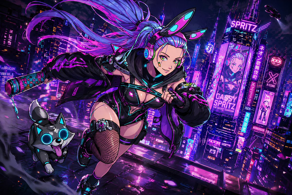 Game Splash Screen Illustration のQwen Imageプロンプト例: A prompt for generating a dynamic game splash screen featuring a character and a pet sprinting through a neon-lit city, styled...