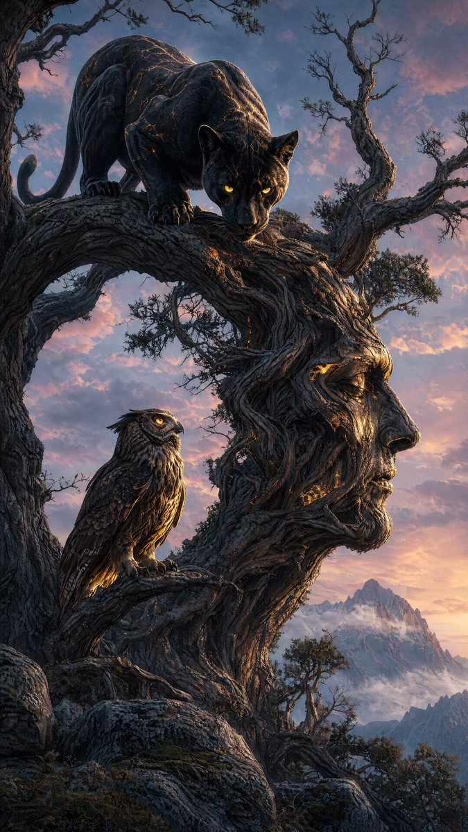 Majestic Panther Fantasy Scene Qwen Image prompt example: Creates a dramatic digital painting of a black panther and an owl on a surreal, gnarled tree shaped like a human face...