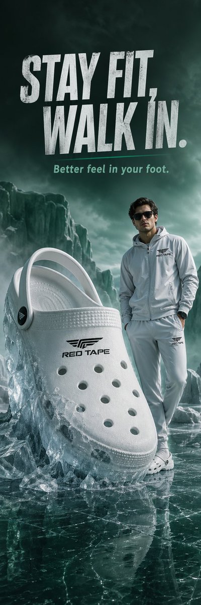 Creative Footwear Concept Ad GPT Image 2 prompt example: A creative advertising prompt featuring a giant shoe embedded in ice with a model in a misty, ethereal environment.