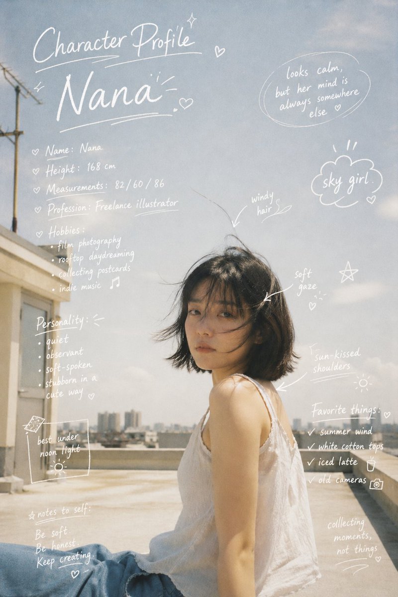 Character Profile Annotation Overlay Qwen Image 프롬프트 예시: Generates a character journal-style overlay for a portrait, featuring messy handwritten annotations and profile details...